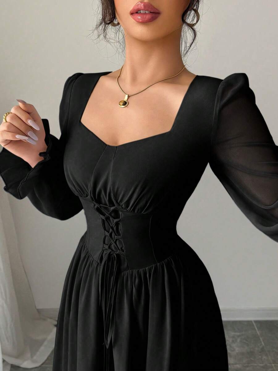 SHEIN Modelyn فستان اسود طويل بأكمام وخصر عالي