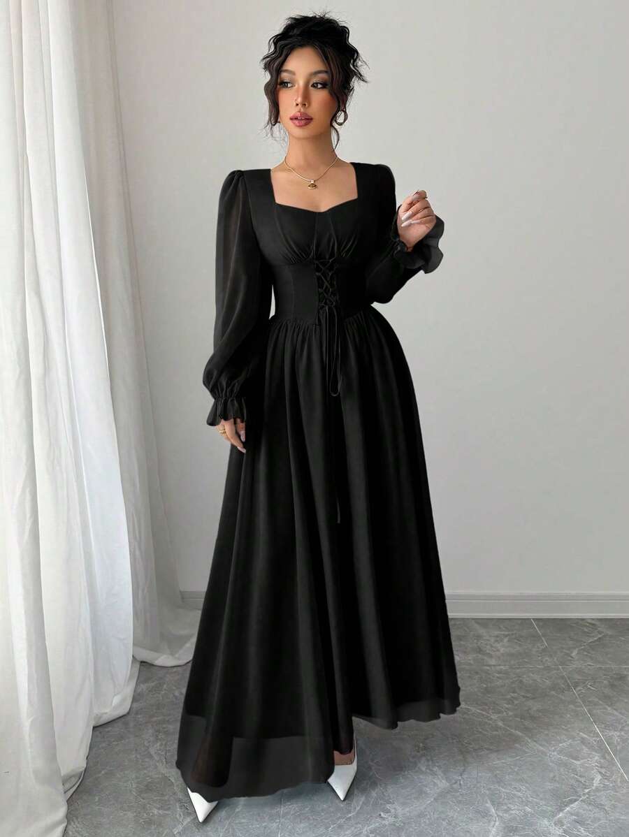 SHEIN Modelyn فستان اسود طويل بأكمام وخصر عالي