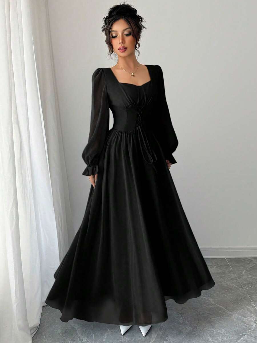 SHEIN Modelyn فستان اسود طويل بأكمام وخصر عالي