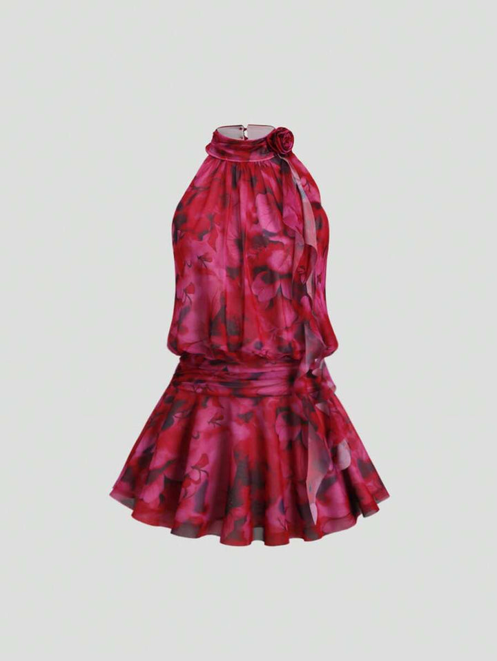 SHEIN Sweetra فستان قصير بطبعة وزخرفة زهور ثلاثية الأبعاد