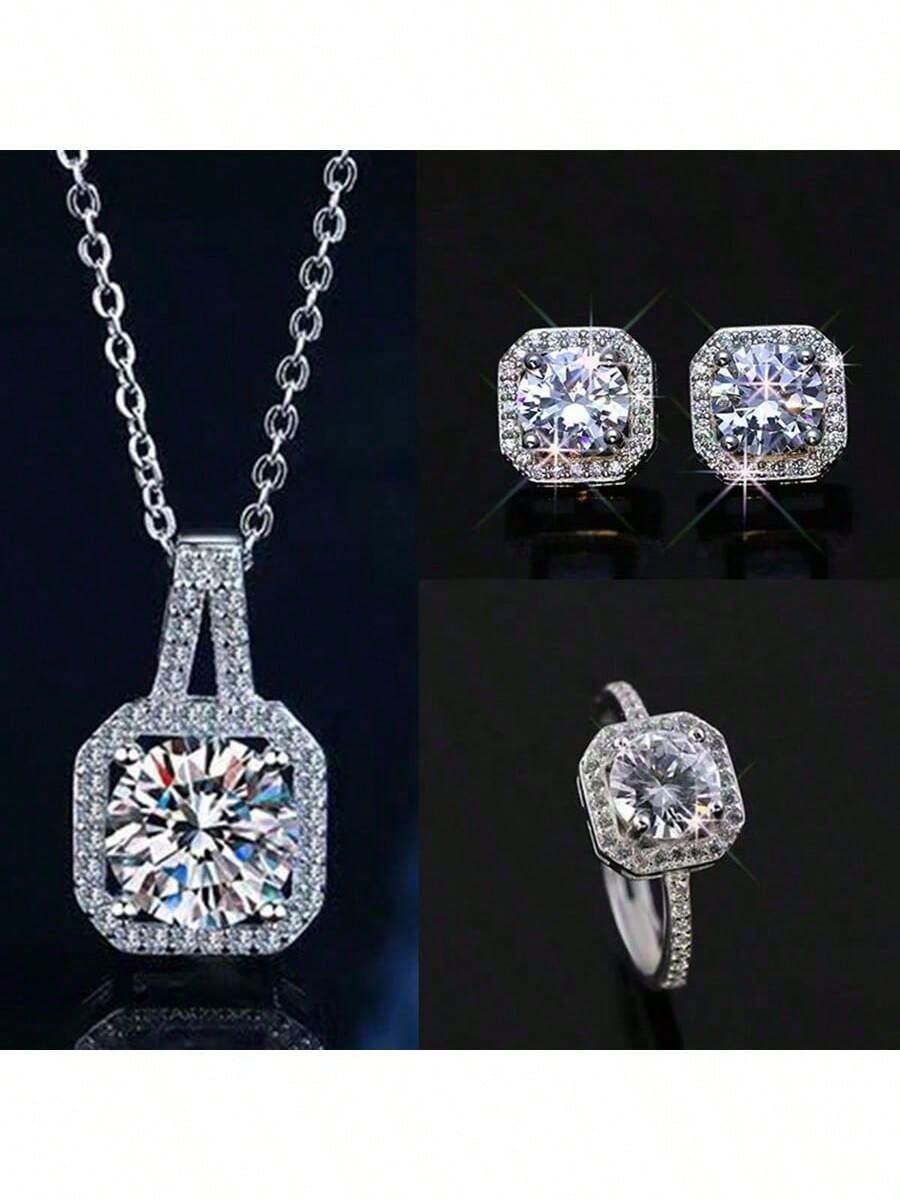 SHEIN طقم مجوهرات 3 قطع فضي قلادة ماس قصيرة وأقراط وخاتم