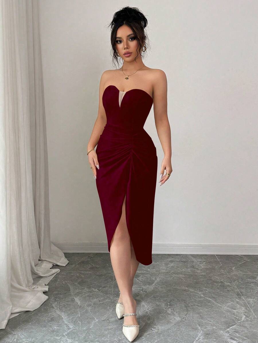 SHEIN Elenzga فستان عنابي رومانسي بقصة ضيقة وخصر مشدود مع شق