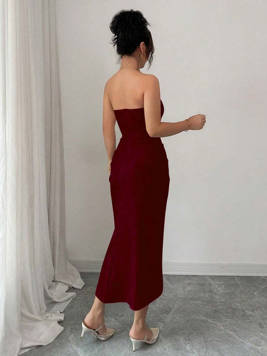 SHEIN Elenzga فستان عنابي رومانسي بقصة ضيقة وخصر مشدود مع شق