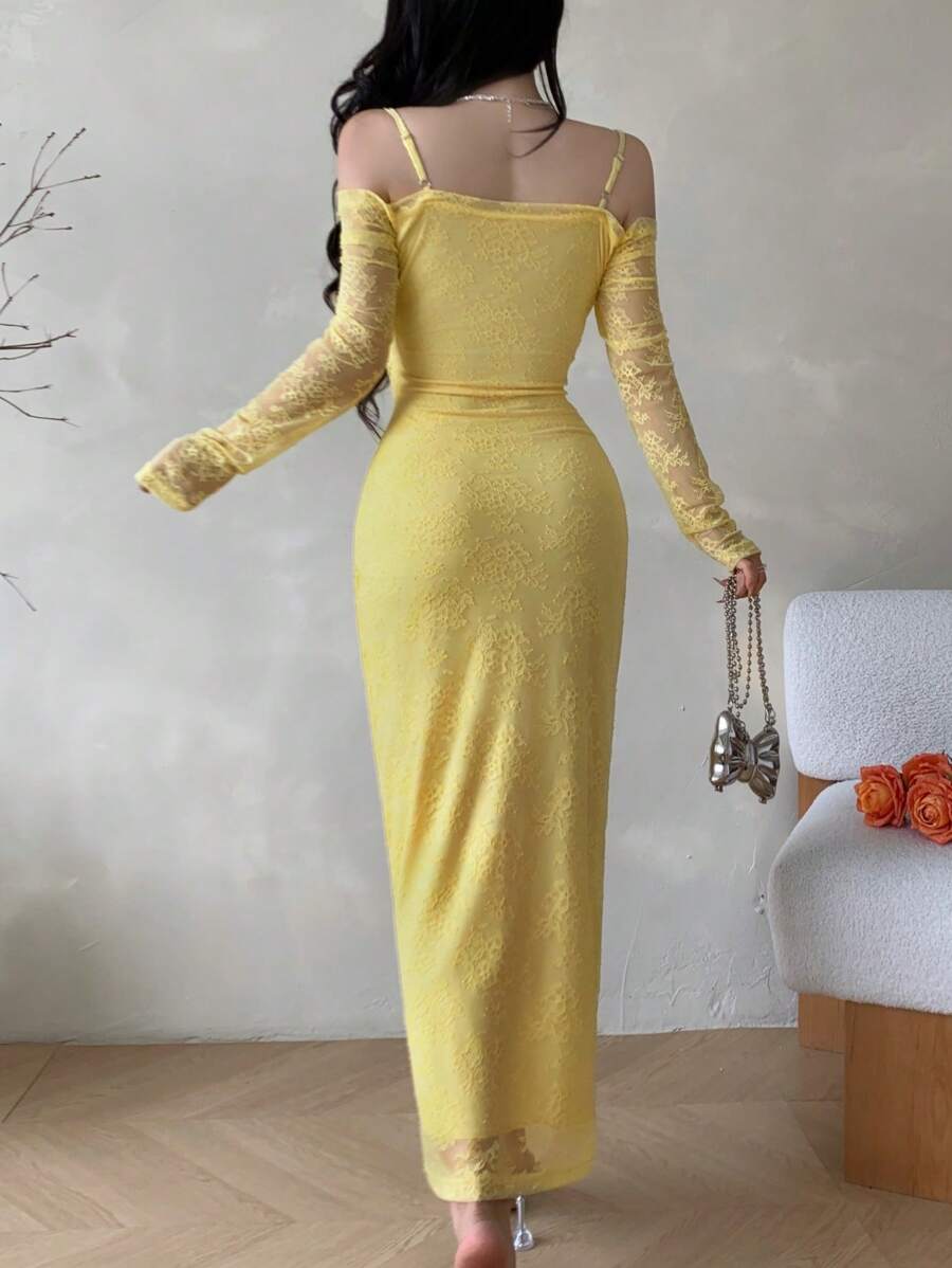 SHEIN Modelyn فستان سهرة أصفر من الدانتيل بحمالات رفيعة وأكمام طويلة