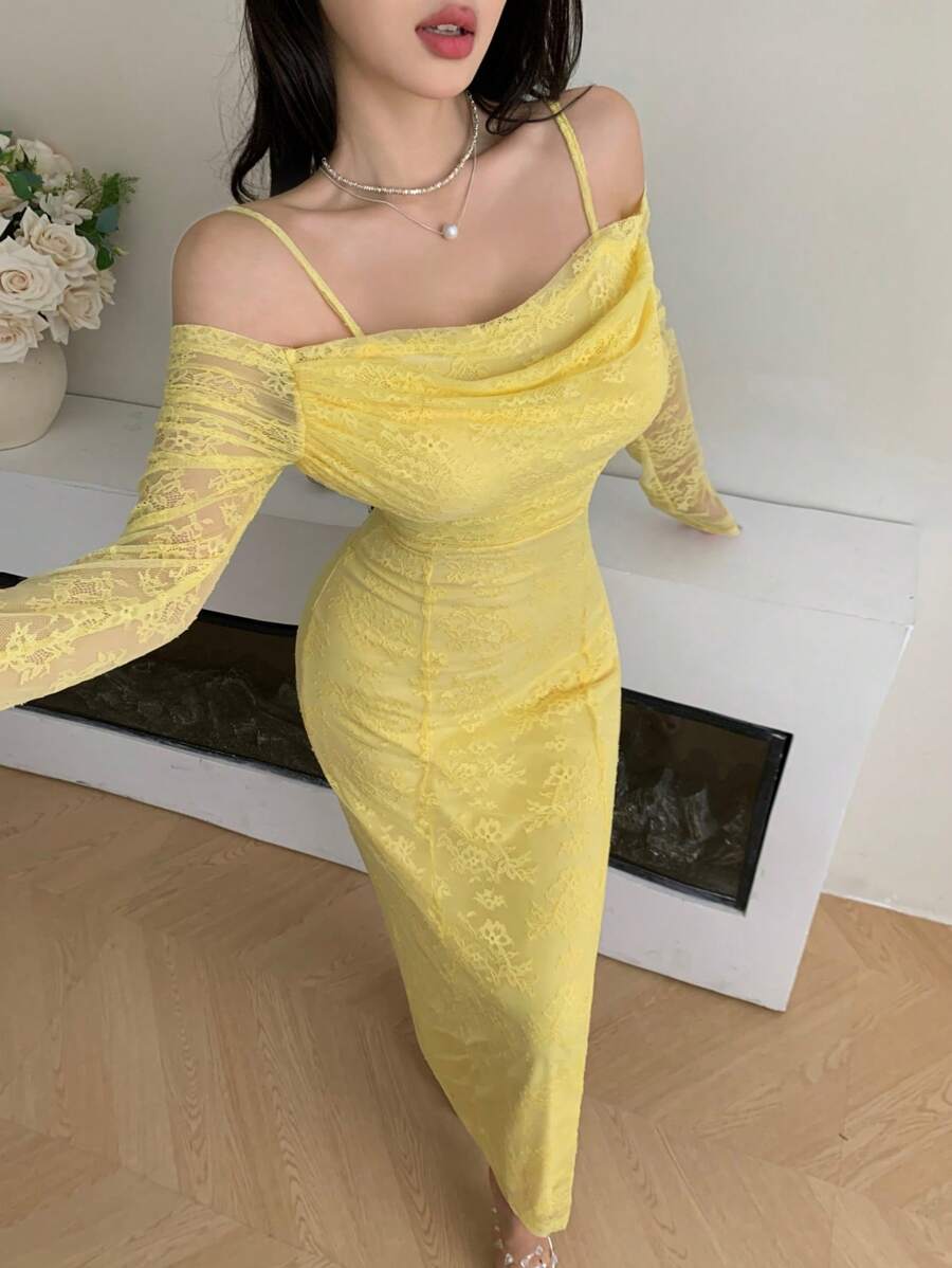 SHEIN Modelyn فستان سهرة أصفر من الدانتيل بحمالات رفيعة وأكمام طويلة