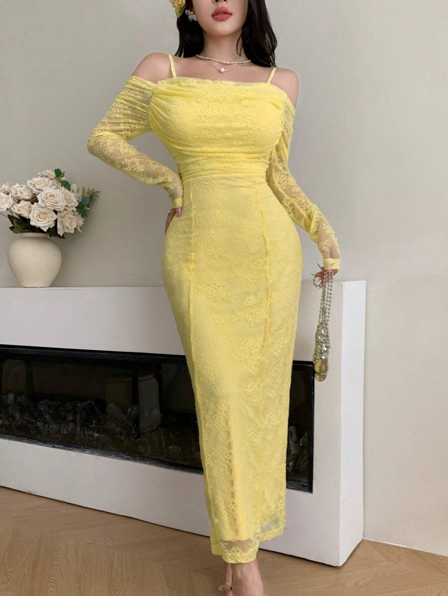 SHEIN Modelyn فستان سهرة أصفر من الدانتيل بحمالات رفيعة وأكمام طويلة