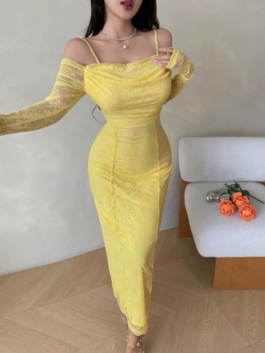 SHEIN Modelyn فستان سهرة أصفر من الدانتيل بحمالات رفيعة وأكمام طويلة