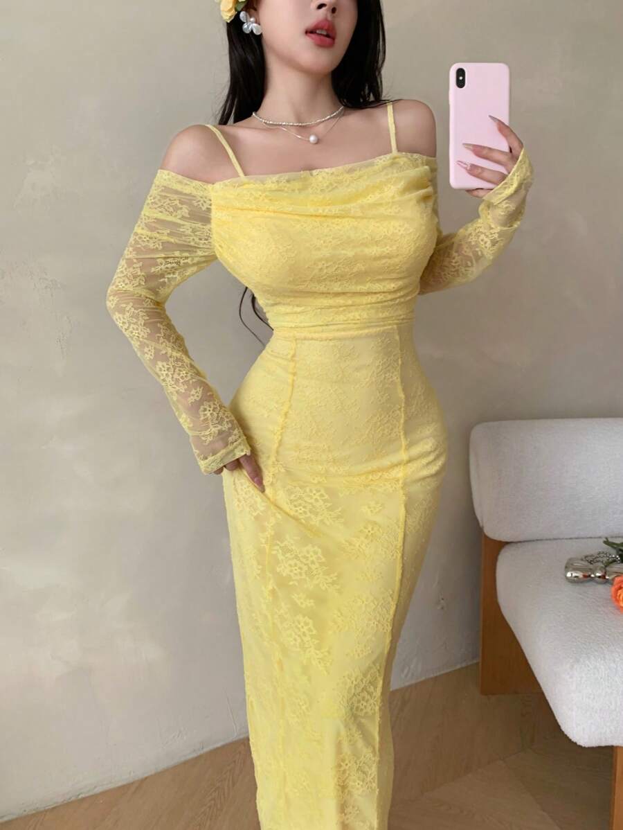 SHEIN Modelyn فستان سهرة أصفر من الدانتيل بحمالات رفيعة وأكمام طويلة