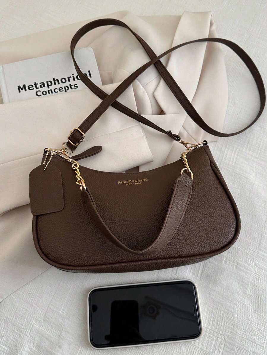SHEIN حقيبة كتف من جلد اصطناعي بلون بني داكن