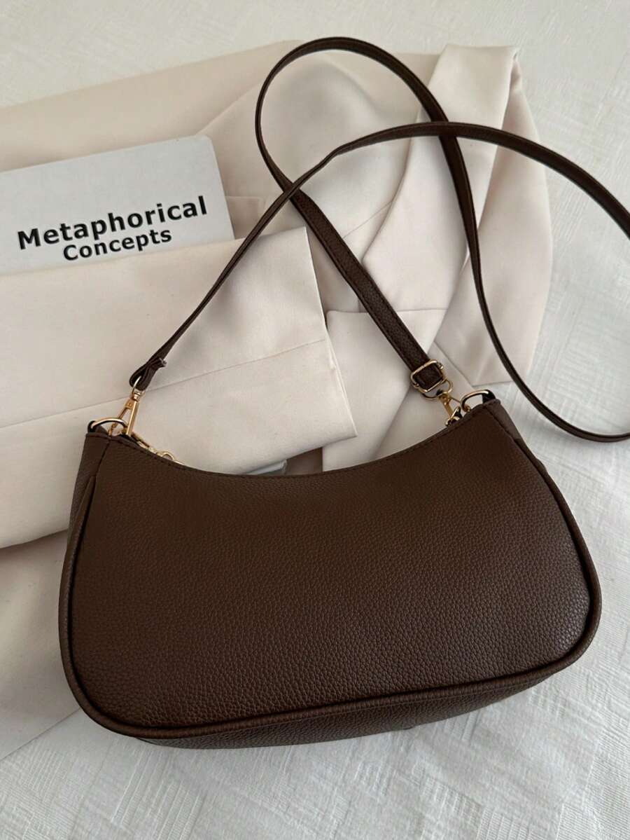 SHEIN حقيبة كتف من جلد اصطناعي بلون بني داكن