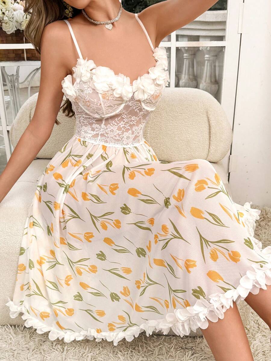 SHEIN قميص نوم شبكي مطبوع زهور مع دانتيل ثلاثي الأبعاد