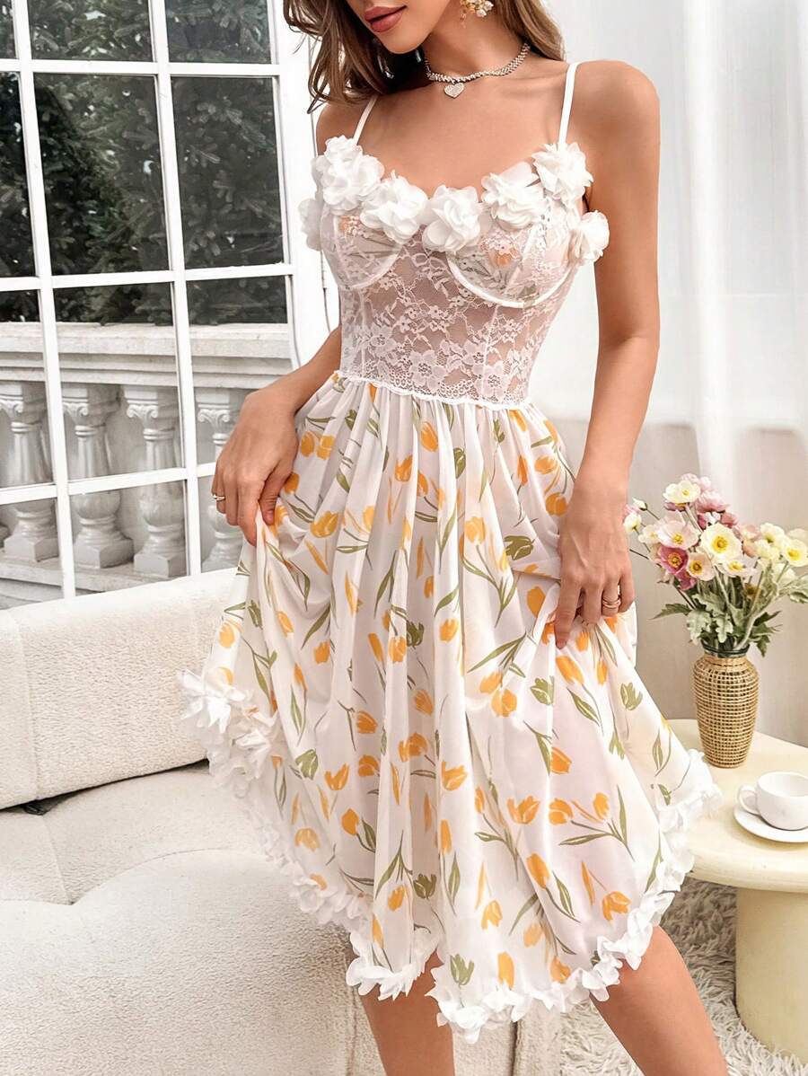 SHEIN قميص نوم شبكي مطبوع زهور مع دانتيل ثلاثي الأبعاد