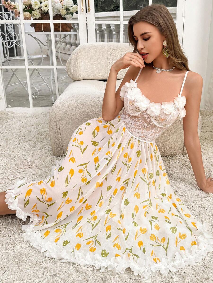 SHEIN قميص نوم شبكي مطبوع زهور مع دانتيل ثلاثي الأبعاد