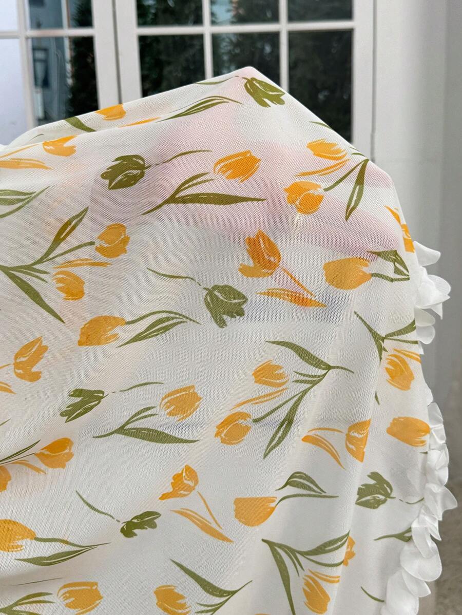 SHEIN قميص نوم شبكي مطبوع زهور مع دانتيل ثلاثي الأبعاد