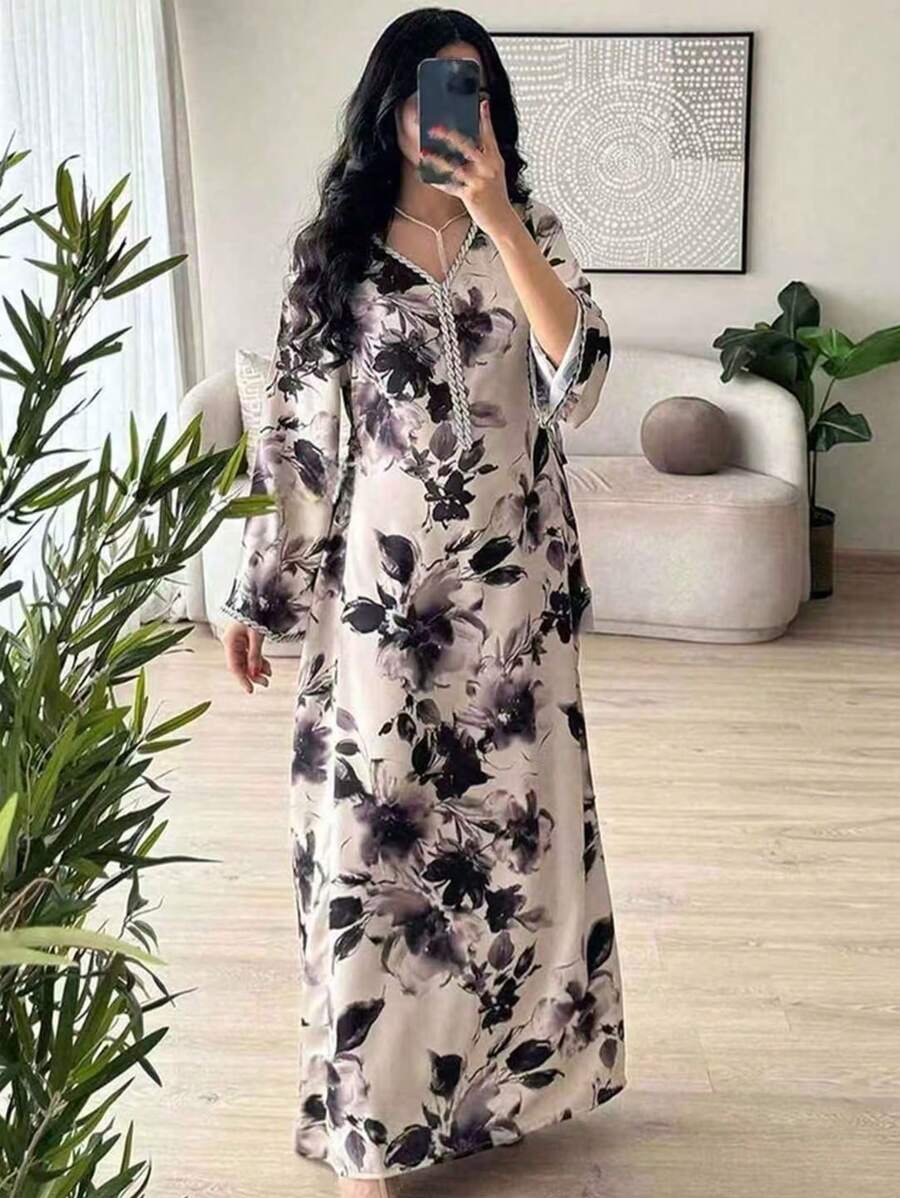 SHEIN فستان طويل مطبوع دبي مزين بالراين عبايات عصرية