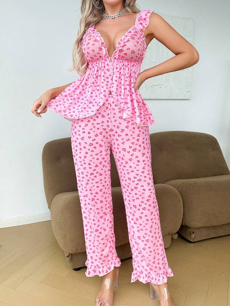 SHEIN Spicy Aura بيجامة  قطعتين بتفاصيل مكشكشة جذاب وأنيق