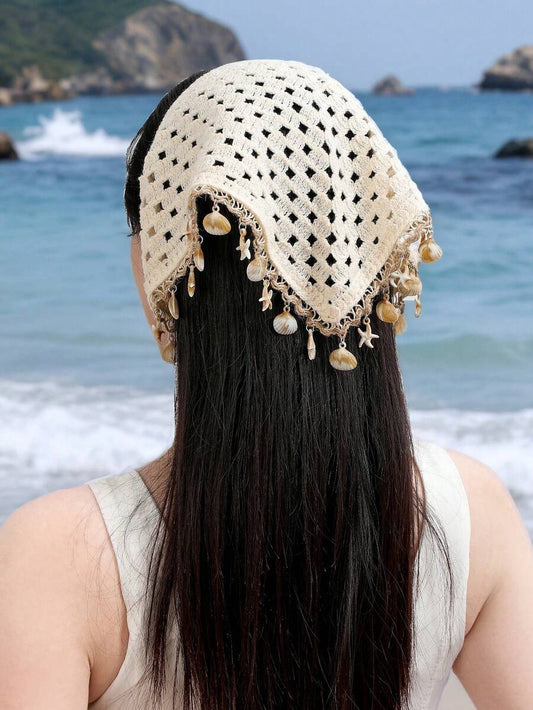 SHEIN باندانا كروشيه بوهو باللون البيج مع شرابات وأصداف ونجمة البحر