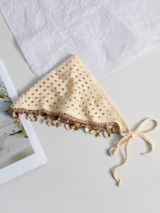 SHEIN باندانا كروشيه بوهو باللون البيج مع شرابات وأصداف ونجمة البحر