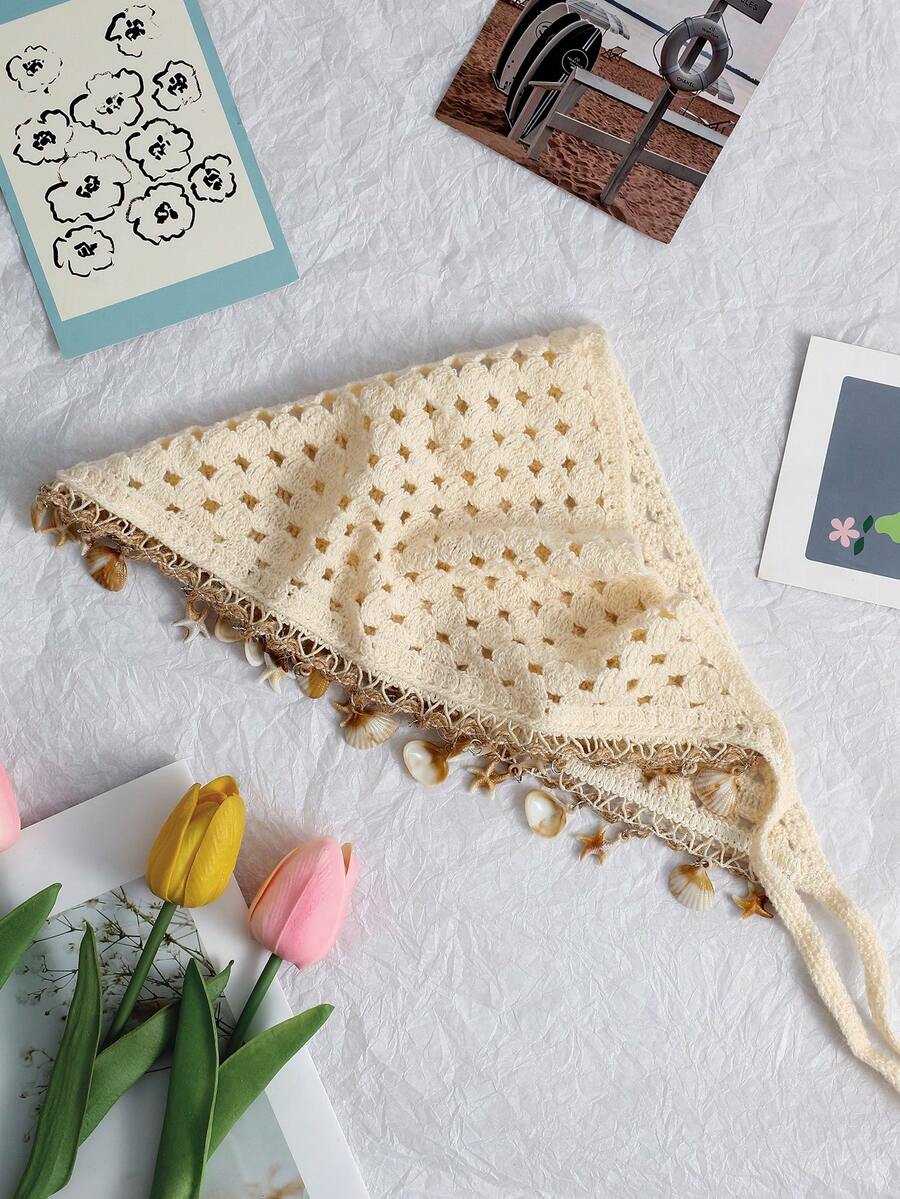 SHEIN باندانا كروشيه بوهو باللون البيج مع شرابات وأصداف ونجمة البحر