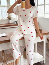 SHEIN Dream Adore طقم بيجامة نسائية بلوزة وبنطال بطبعة قلب