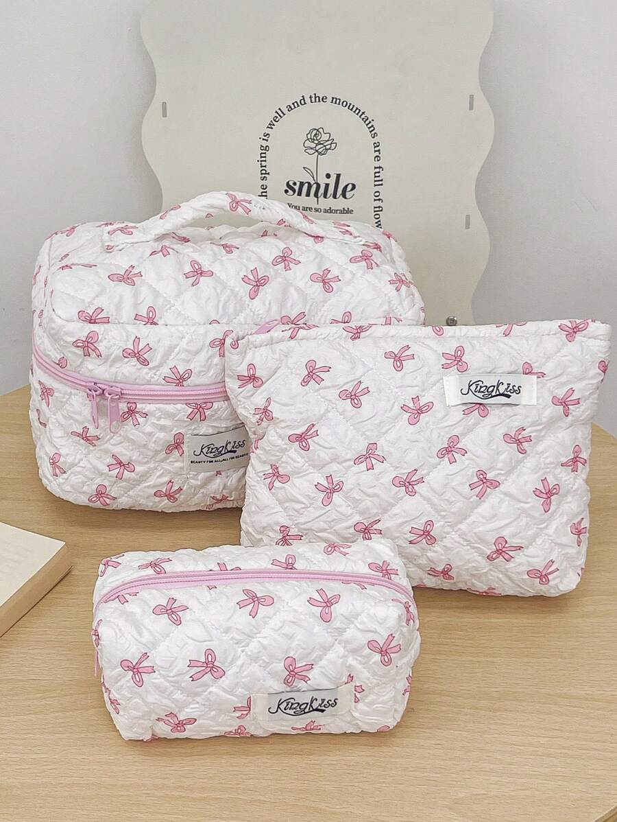 SHEIN حقيبة مكياج وردية مبطنة بفيونكة