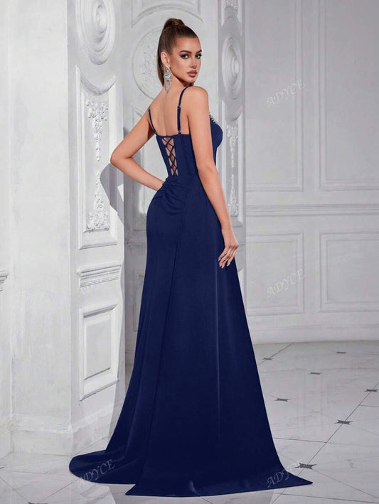 SHEIN ADYCE فستان أزرق داكن طويل للنساء بحمالات رفيعة مزين بالراين ستون