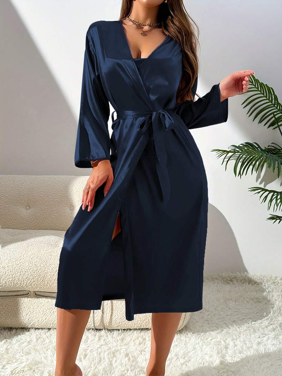 SHEIN طقم ملابس نوم قطعتين روب طويل وفستان نوم من قماش حريري