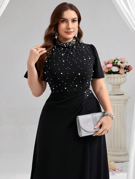 SHEIN Lady CURVE فستان أسود للمقاسات الكبيرة بشبكة وشراشيب
