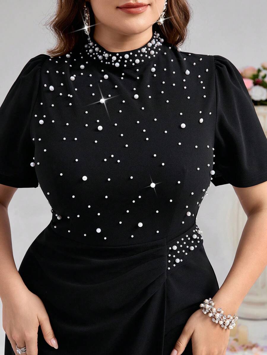 SHEIN Coutiva فستان سهرة أسود بياقة ماندرين وأكمام قصيرة مزين بخرز