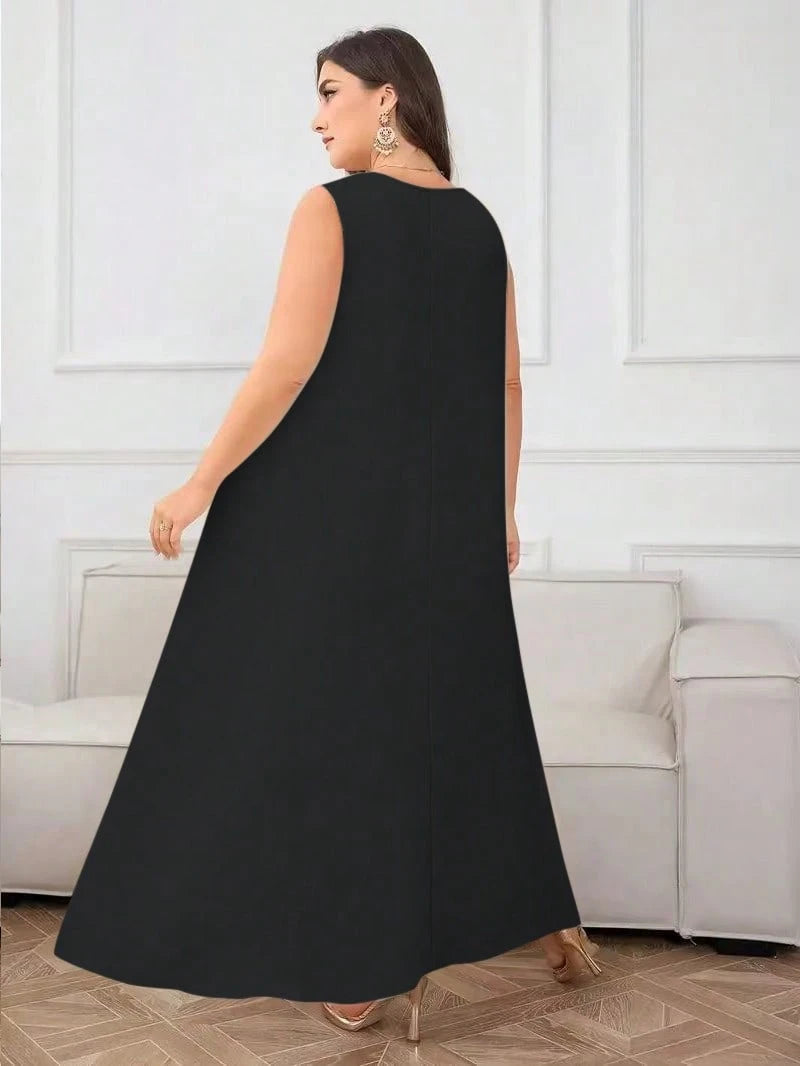SHEIN فستان أسود كاجوال بياقة مستديرة بدون أكمام فضفاض