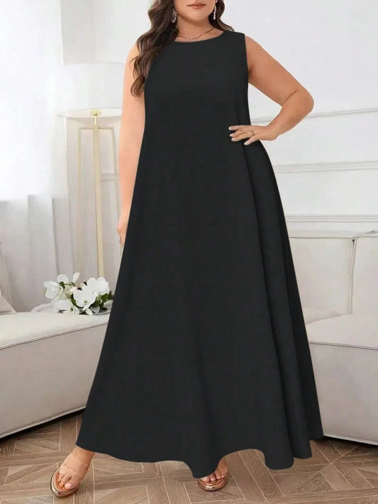 SHEIN فستان أسود كاجوال بياقة مستديرة بدون أكمام فضفاض