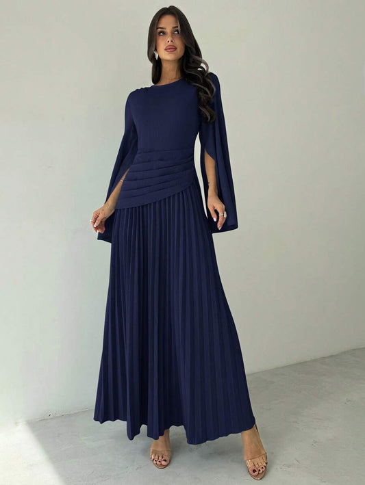SHEIN Firerie فستان طويل أزرق بأكمام طويلة وخصر واسع