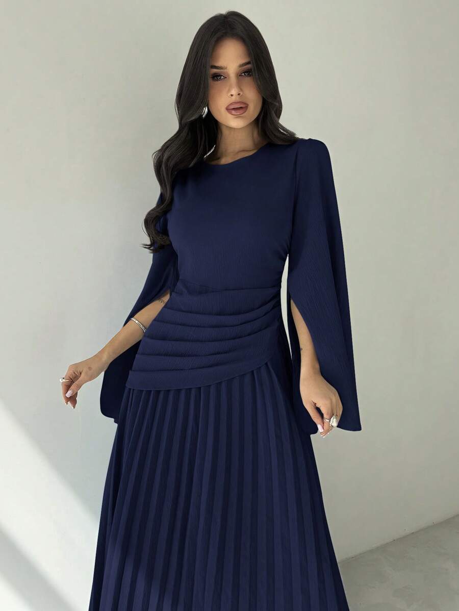 SHEIN Firerie فستان طويل أزرق بأكمام طويلة وخصر واسع