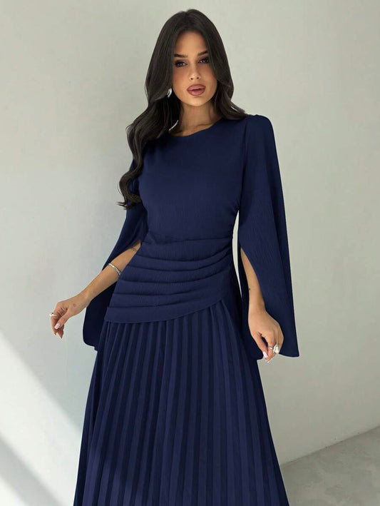 SHEIN Firerie فستان طويل أزرق بأكمام طويلة وخصر واسع