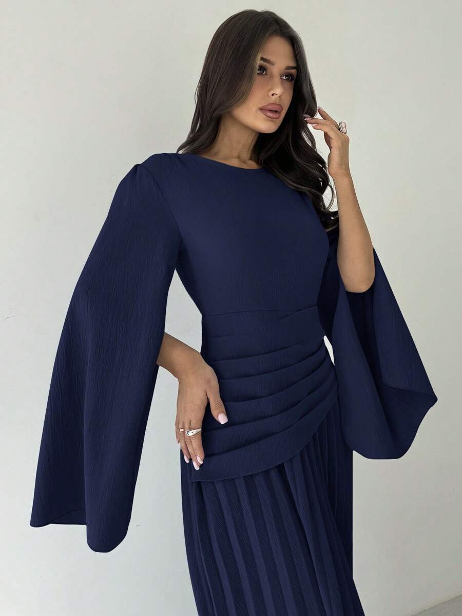 SHEIN Firerie فستان طويل أزرق بأكمام طويلة وخصر واسع