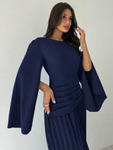 SHEIN Firerie فستان طويل أزرق بأكمام طويلة وخصر واسع