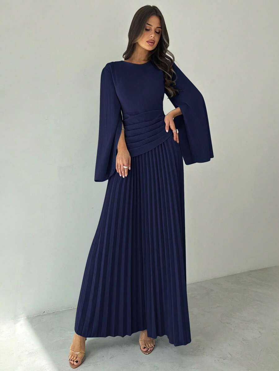 SHEIN Firerie فستان طويل أزرق بأكمام طويلة وخصر واسع