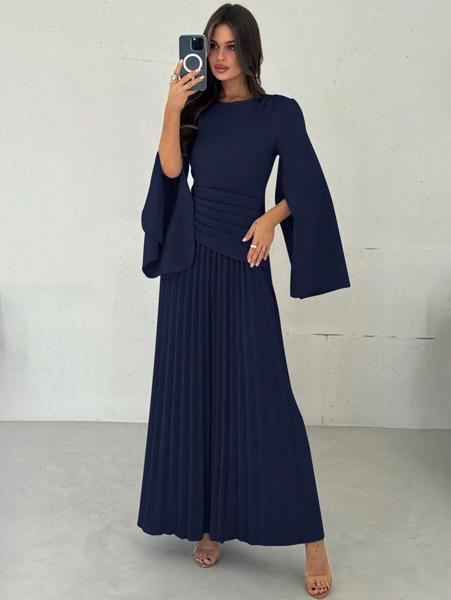 SHEIN Firerie فستان طويل أزرق بأكمام طويلة وخصر واسع
