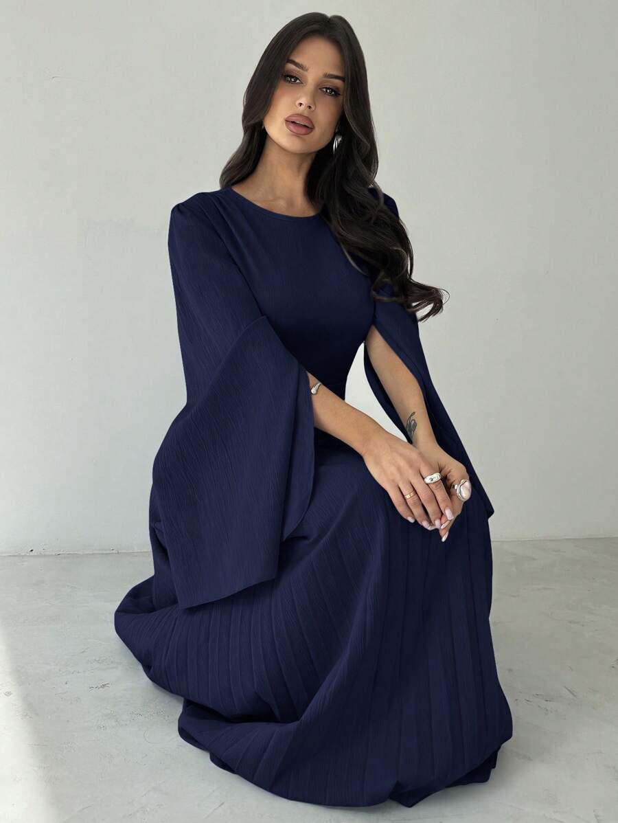SHEIN Firerie فستان طويل أزرق بأكمام طويلة وخصر واسع