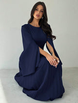SHEIN Firerie فستان طويل أزرق بأكمام طويلة وخصر واسع