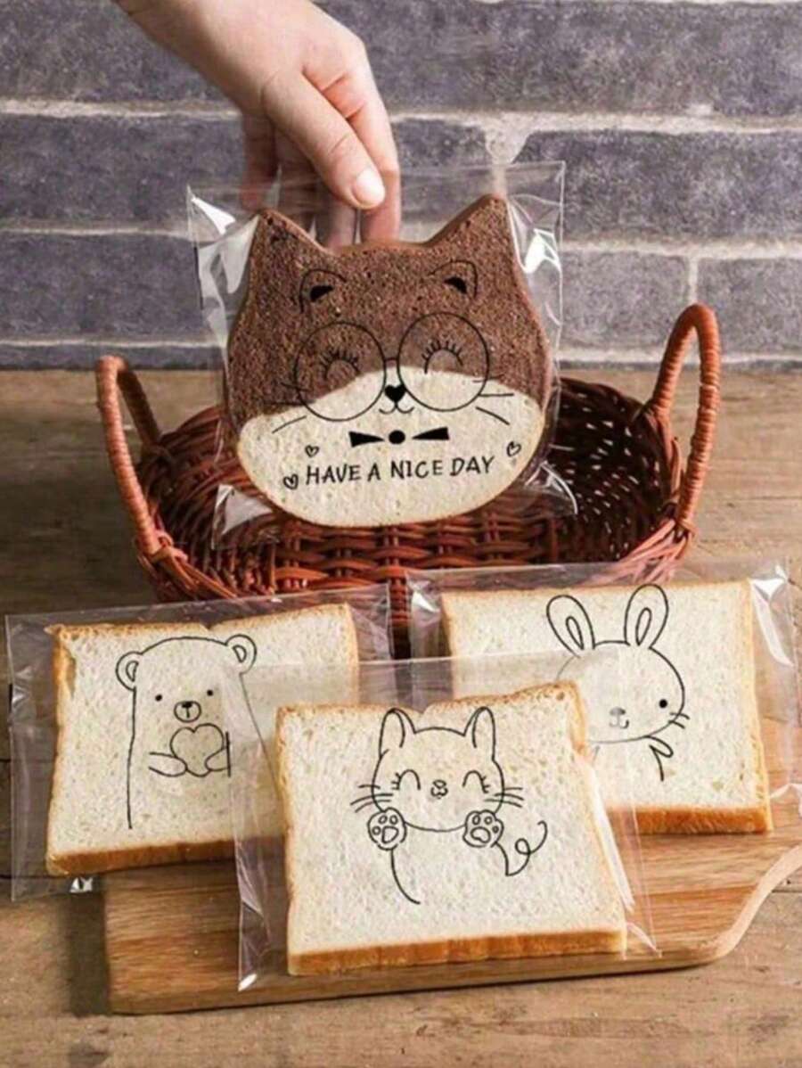 SHEIN كيس خبز شفاف 100 قطعة ذاتي اللصق بتصميمات كرتونية