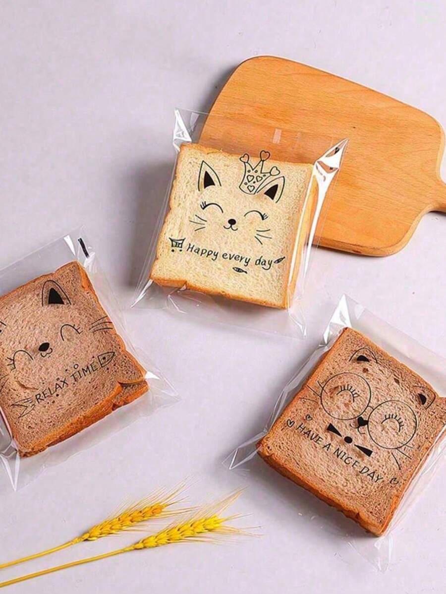 SHEIN كيس خبز شفاف 100 قطعة ذاتي اللصق بتصميمات كرتونية