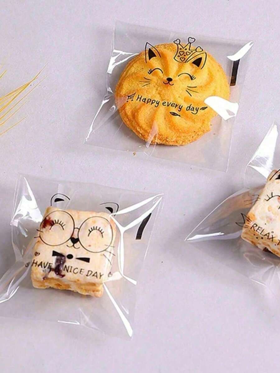 SHEIN كيس خبز شفاف 100 قطعة ذاتي اللصق بتصميمات كرتونية