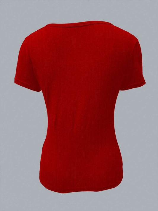 SHEIN INAWLY تي شيرت نسائي أحمر بأزرار أمامية بياقة دائرية