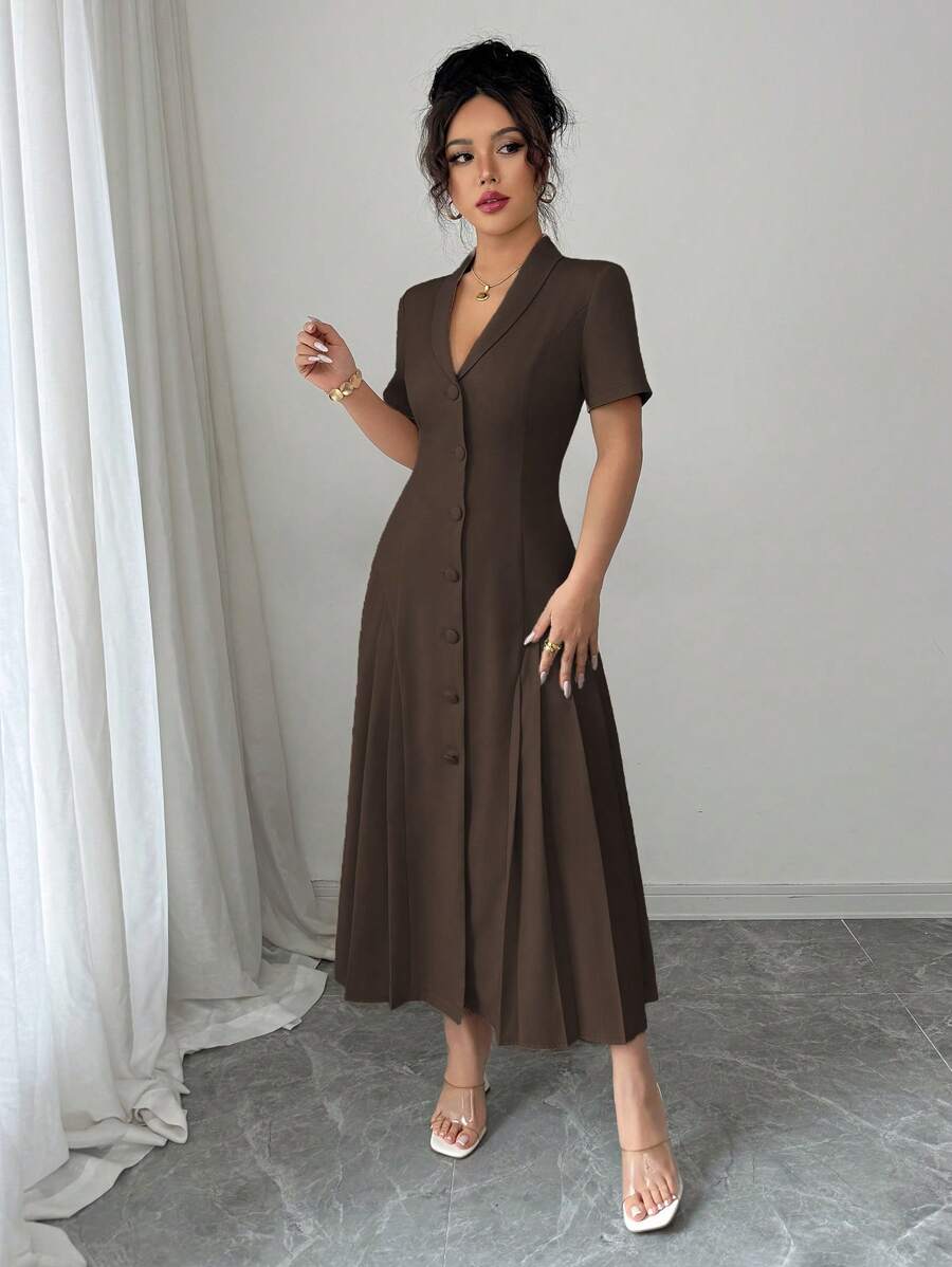 SHEIN Elenzga فستان ماكسي بني داكن بياقة مطوية وأزرار عند الخصر
