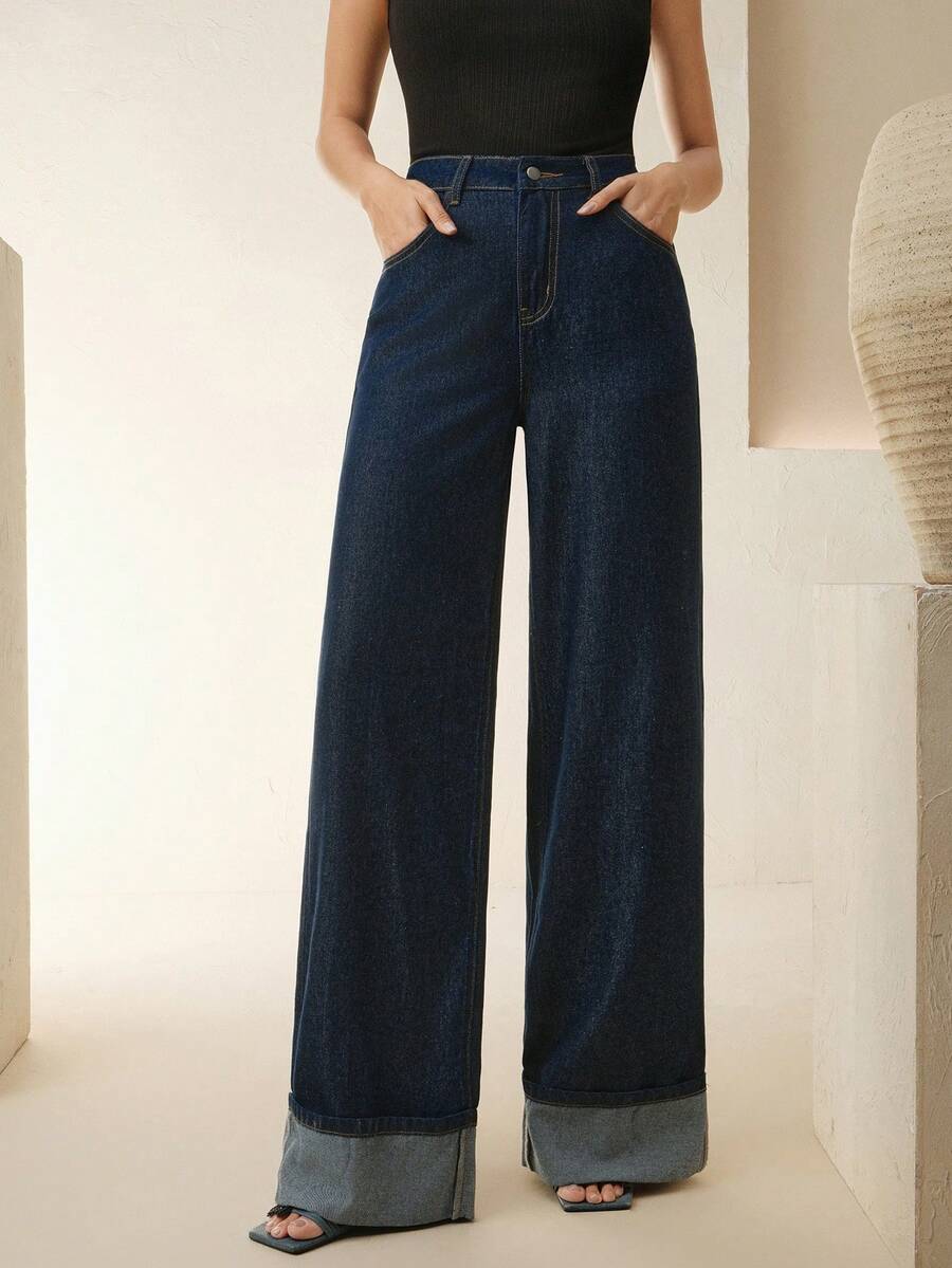 SHEIN Anewsta بنطلون نسائي كلاسيكي أزرق بساق مستقيمة