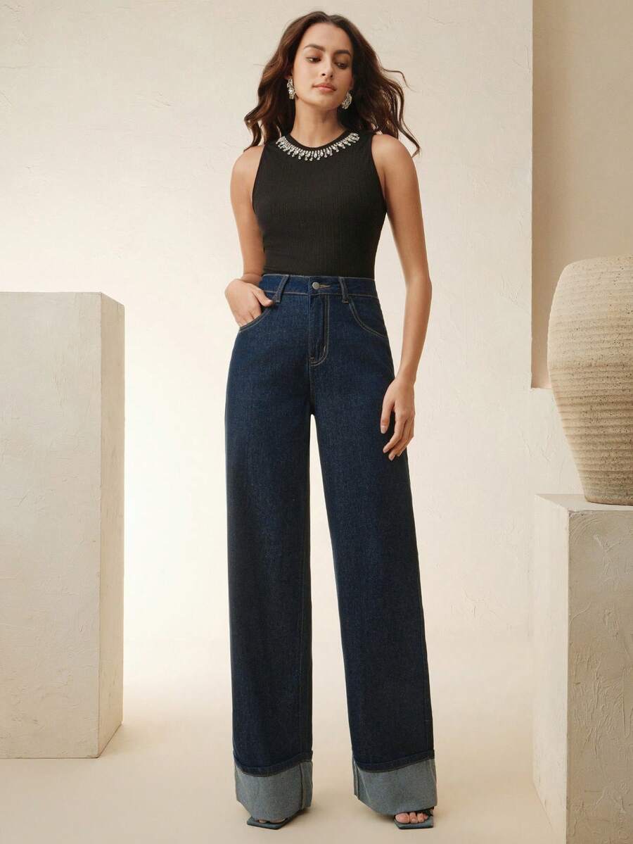 SHEIN Anewsta بنطلون نسائي كلاسيكي أزرق بساق مستقيمة