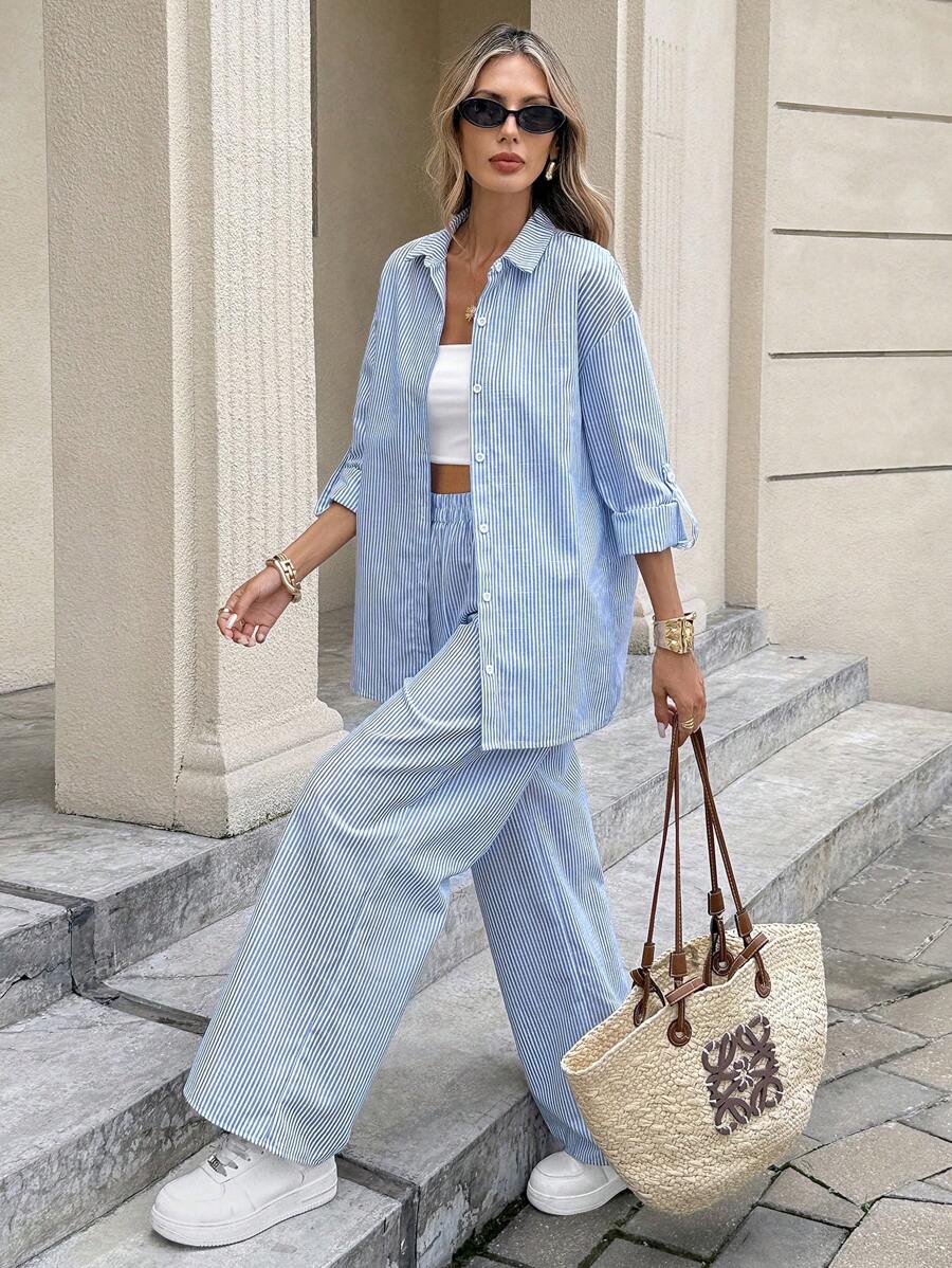 SHEIN Serisse طقم نسائي مخطط باللونين الأزرق والأبيض لإطلالة صيفية مريحة وأنيقة