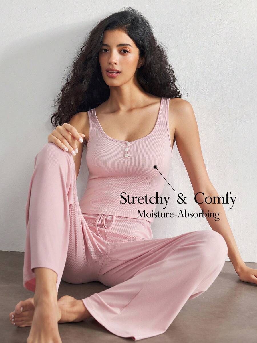 SHEIN Ocili بيجامة بلون وردي فاتح بتوب بأزرار بدون أكمام مع بنطلون مريح