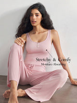 SHEIN Ocili بيجامة بلون وردي فاتح بتوب بأزرار بدون أكمام مع بنطلون مريح